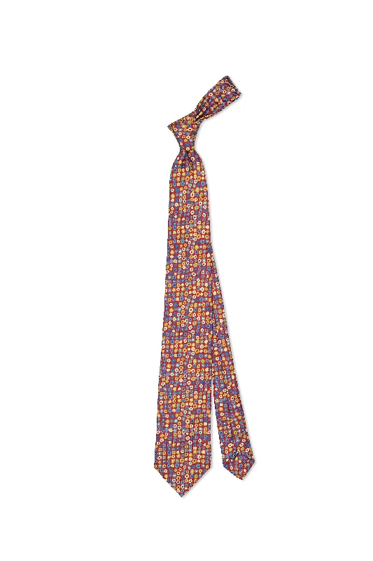 Men's tie with geometric patterns for corporate events-Drake's Red with Yellow/Blue Print Foulard Silk Tie