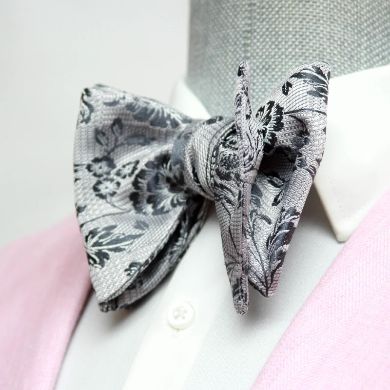 Men's tie with bold color accents for weddings-Floral Grey Big Butterfly Silk Bow Tie