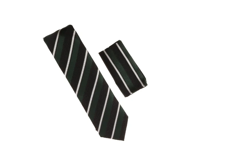 Stylish men's tie for fashion-forward meetings-Forest Green, Black. Silver and Grey Striped Necktie Set with Matching Pocket Square