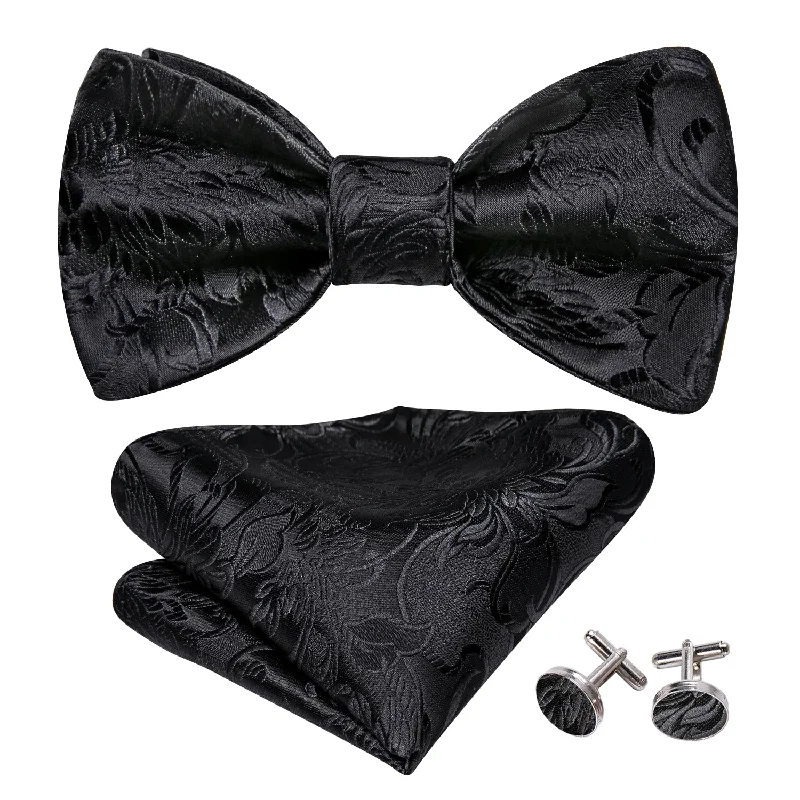 Classic men's tie for business events with sleek design-Formal Black Paisley Bow Tie Hanky Cufflinks Set