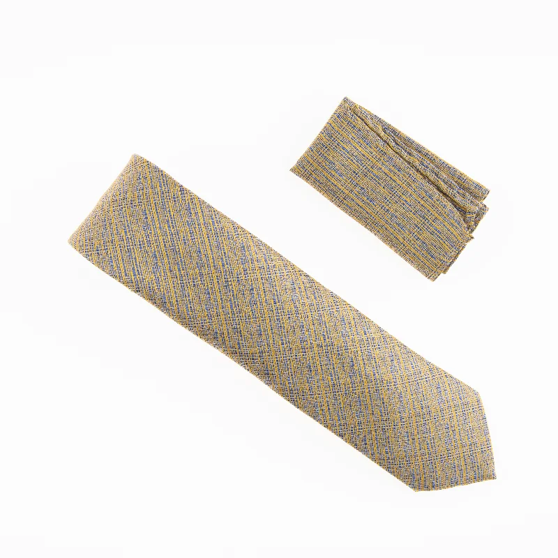 Classic men's tie for formal workwear-Gold and Blue Designed Extra Long Necktie Tie with Matching Pocket Square