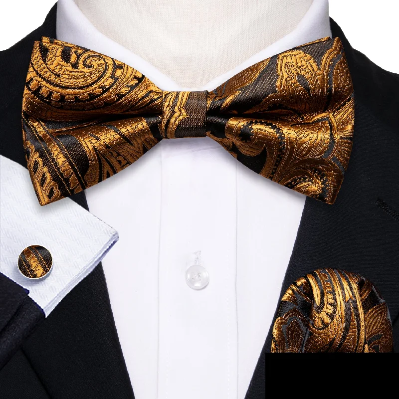 Men's silk tie for evening business functions-Gold Black Paisley Pre-tied Bow Tie Hanky Cufflinks Set