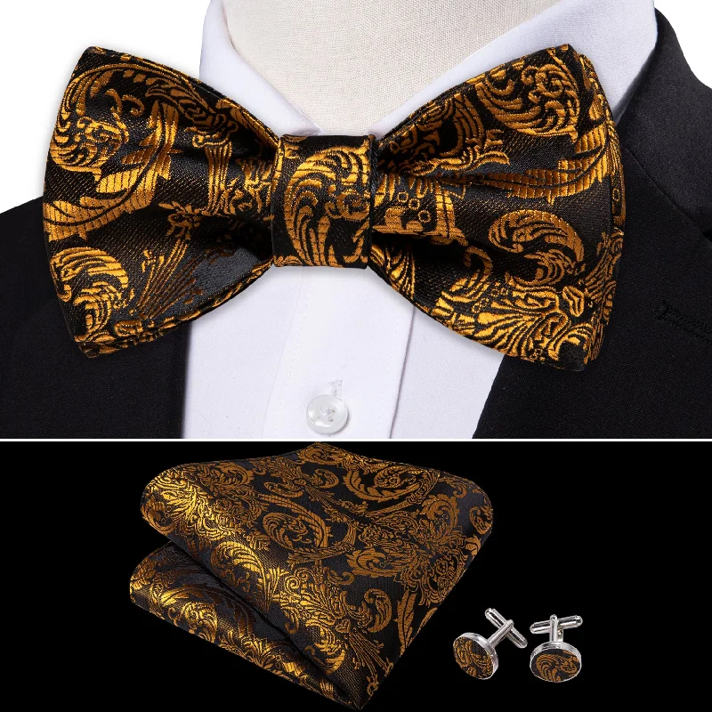 Men's tie for luxury events-Gold Black Paisley Silk Self Tie Bow Tie Hanky Cufflinks Set