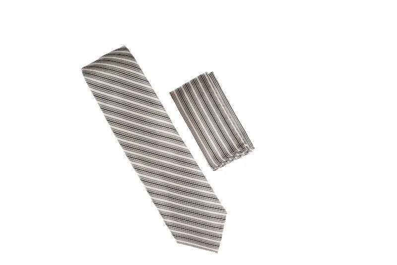 Men's tie with bold geometric design for casual wear-Gray, Navy, Black & Silver Striped Necktie with Matching Pocket Square LTD-BB22