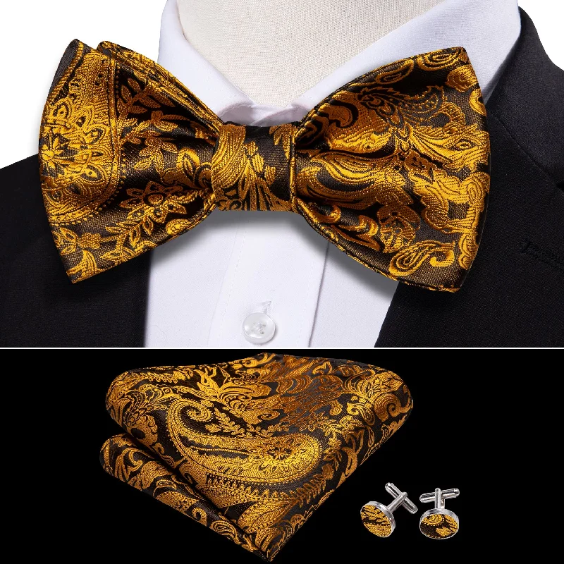 Men's tie for evening office meetings with sharp edges-Barry Wang Black Gold Paisley Self Tie Men Bow Tie Hanky Cufflinks Set