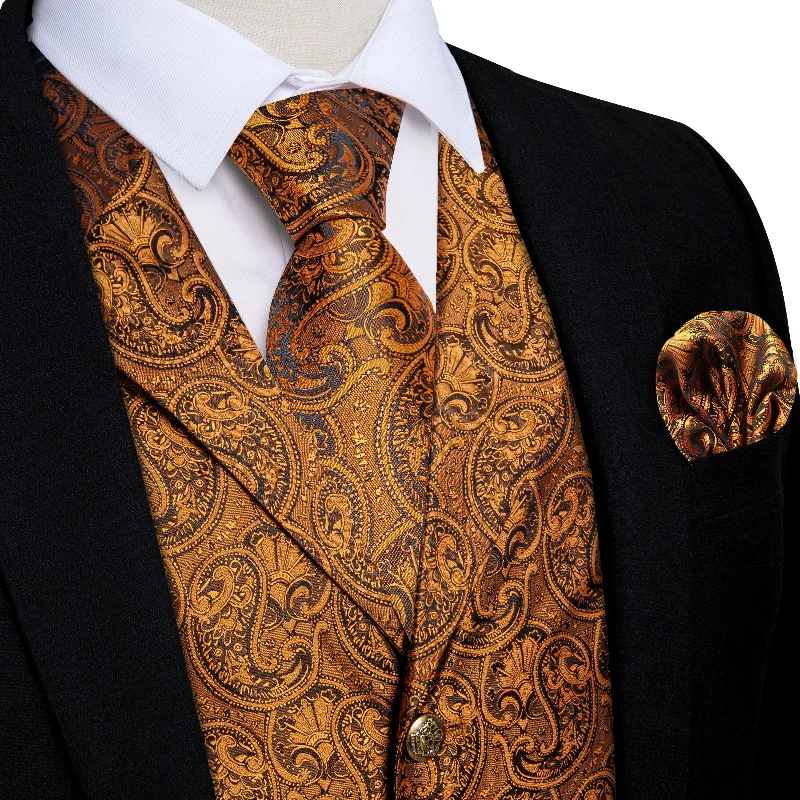 Men's tie with smooth satin finish for formal wear-Golden Paisley Jacquard V Neck Waistcoat Vest Tie Handkerchief Cufflinks Set