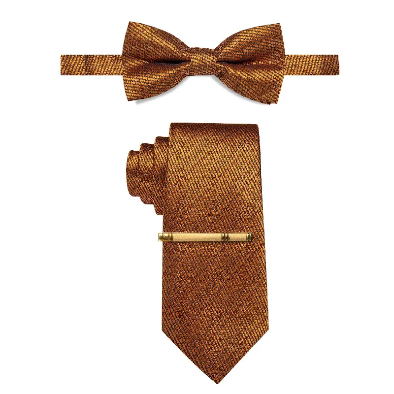 Best men's tie for business luncheons-YourTies Golden Solid Pre-tied Bowtie and Necktie with Golden Tie Clip Set