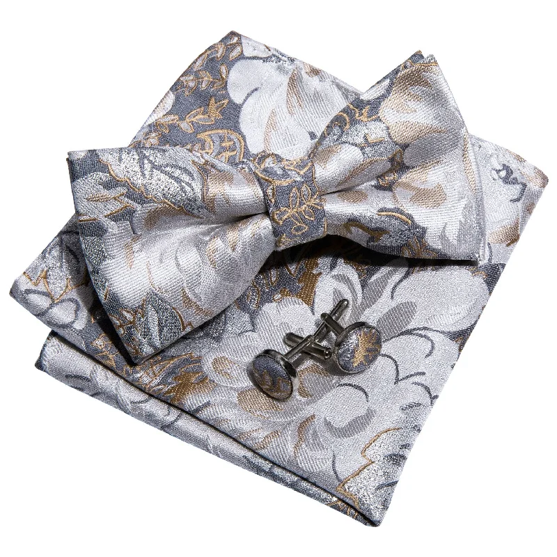 Classic men's tie with simple color patterns for office wear-Golden White Floral Pre-tied Bow Tie Hanky Cufflinks Set