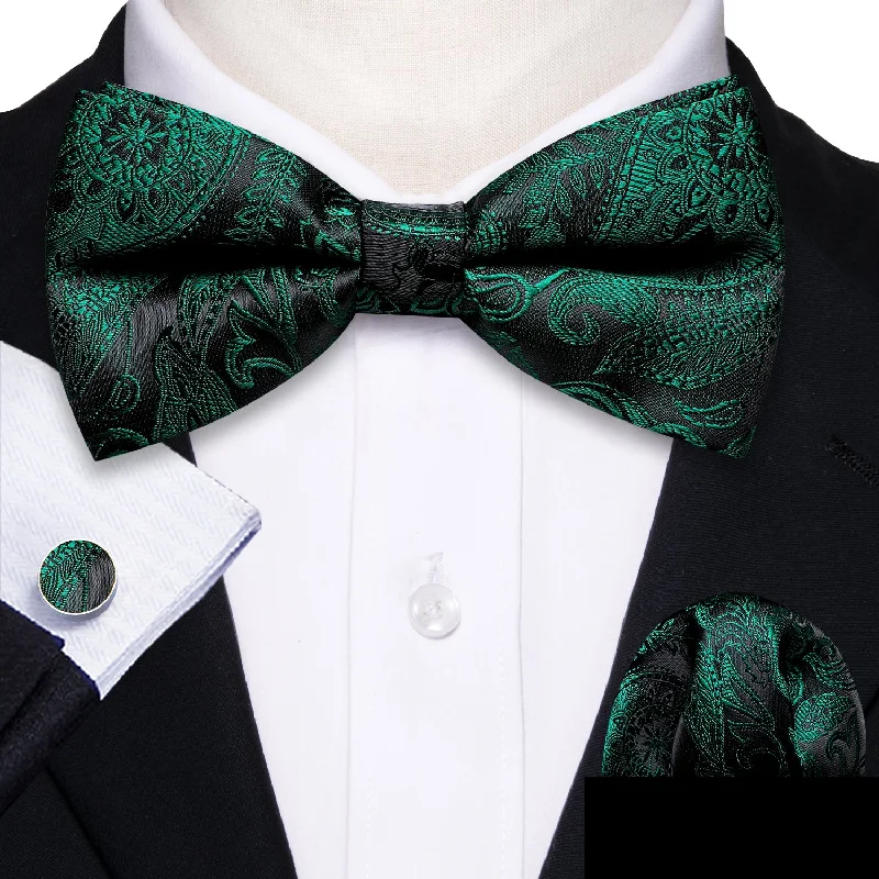 Men's tie with subtle accents for a refined look-Green Black Paisley Bow Tie Hanky Cufflinks Set