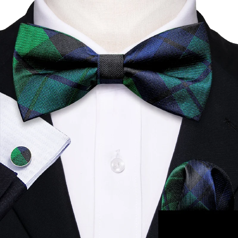 Stylish men's tie with subtle print for a refined look-Green Blue Plaid Pre-tied Bow Tie Hanky Cufflinks Set