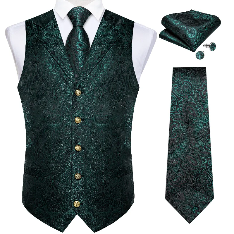 Men's tie with modern prints for professional attire-Green Floral Jacquard V Neck Waistcoat Vest Tie Handkerchief Cufflinks Set