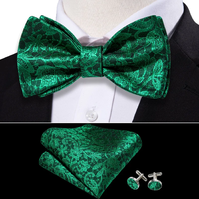 Men's tie for evening office meetings with sharp edges-Green Floral Self Tie Bow Tie Hanky Cufflinks Set