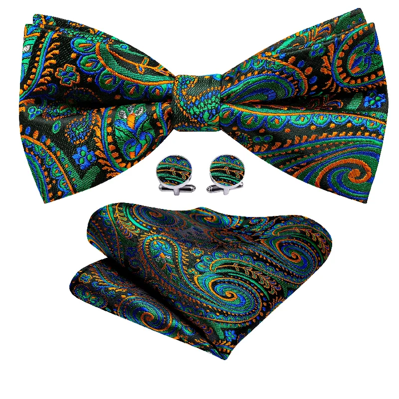 Designer silk tie for fashion-forward events-Green Orange Paisley Pre-tied Bow Tie Hanky Cufflinks Set