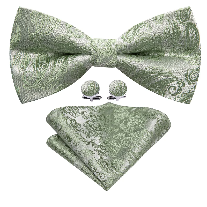 Classic men's tie for upscale gatherings-Green Paisley Silk Bow Tie Hanky Cufflinks Set