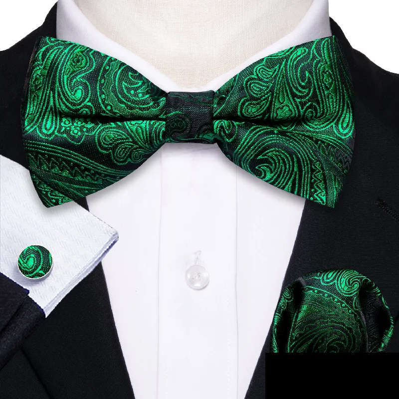 Men's tie for a classic look with solid color blocks-Green Paisley Silk Pre-tied Bow Tie Hanky Cufflinks Set