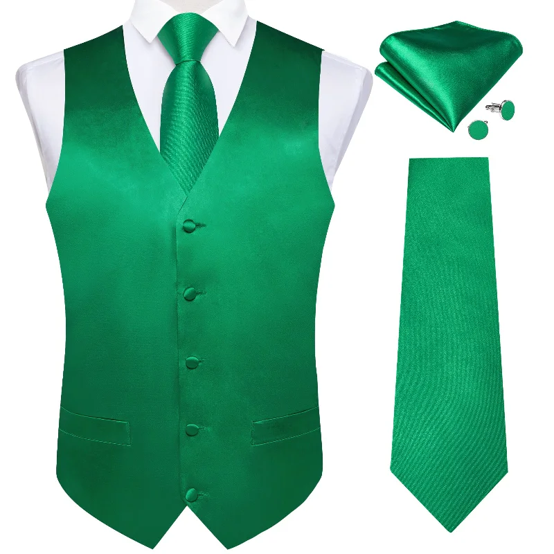 Men's tie with textured finish for upscale functions-Green Solid Satin Waistcoat Vest Tie Handkerchief Cufflinks Set