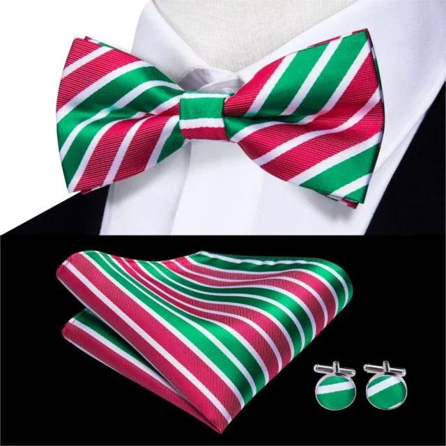 Stylish men's tie with fine woven design for work-Green Red Striped Pre-tied Bow Tie Pocket Square Cufflinks Set