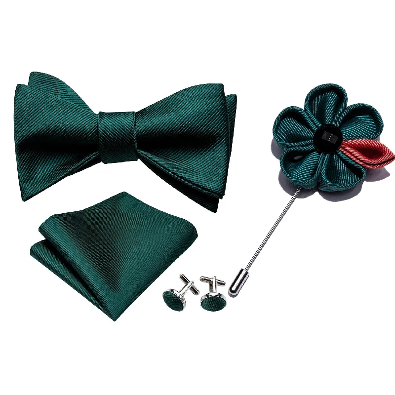 Men's tie for a classic look with solid color blocks-Green Self Tie Bow Tie Hanky Cufflinks Set