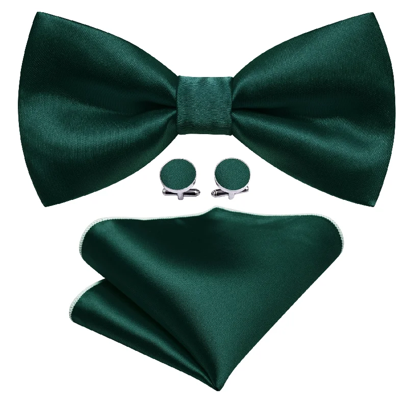 Men's tie with vibrant accents for holiday wear-Green Solid Silk Pre Tied Bow Tie Hanky Cufflinks Set