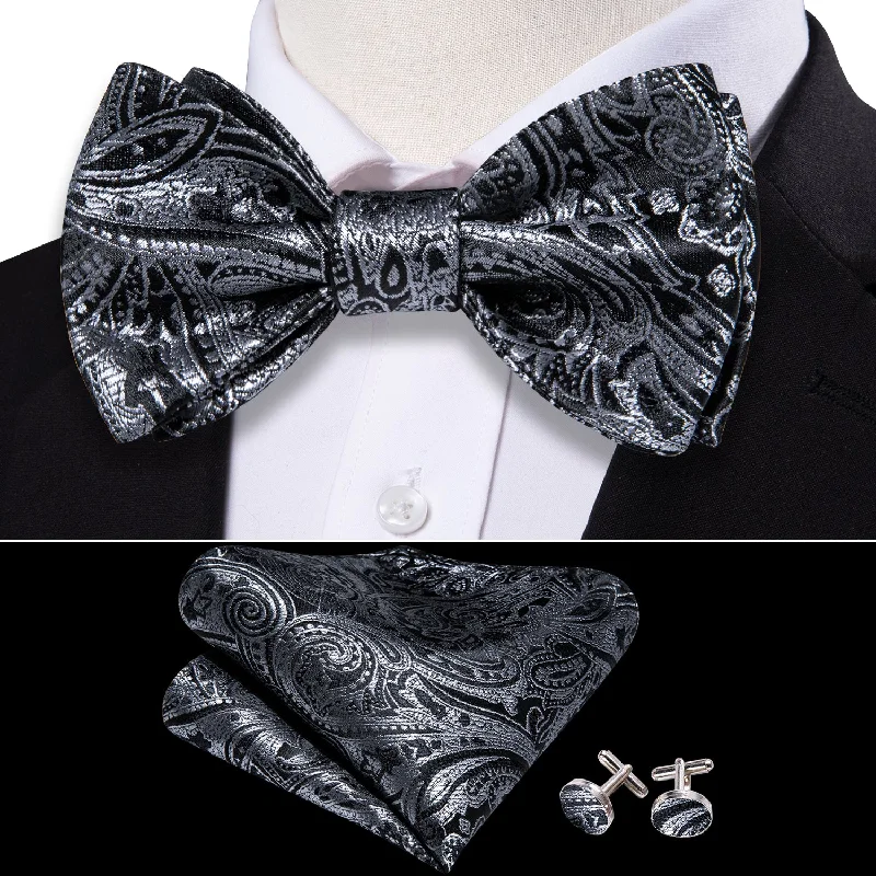 Best men's tie with deep tones for formal events-Grey Black Gold Paisley Self Tie Bow Tie Hanky Cufflinks Set