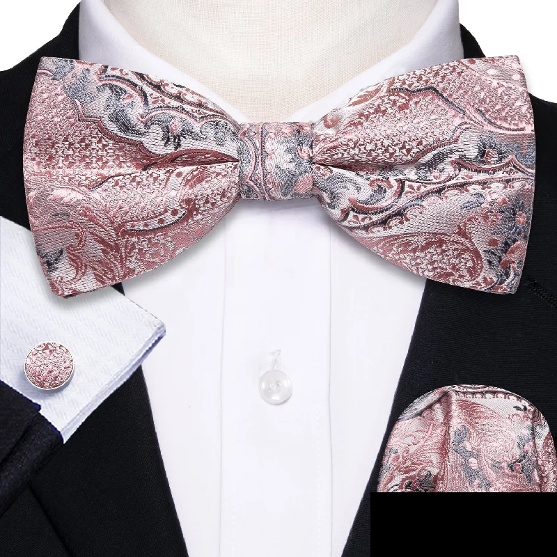 Men's tie with modern prints for professional attire-Grey Pink Paisley Pre-tied Bow Tie Hanky Cufflinks Set