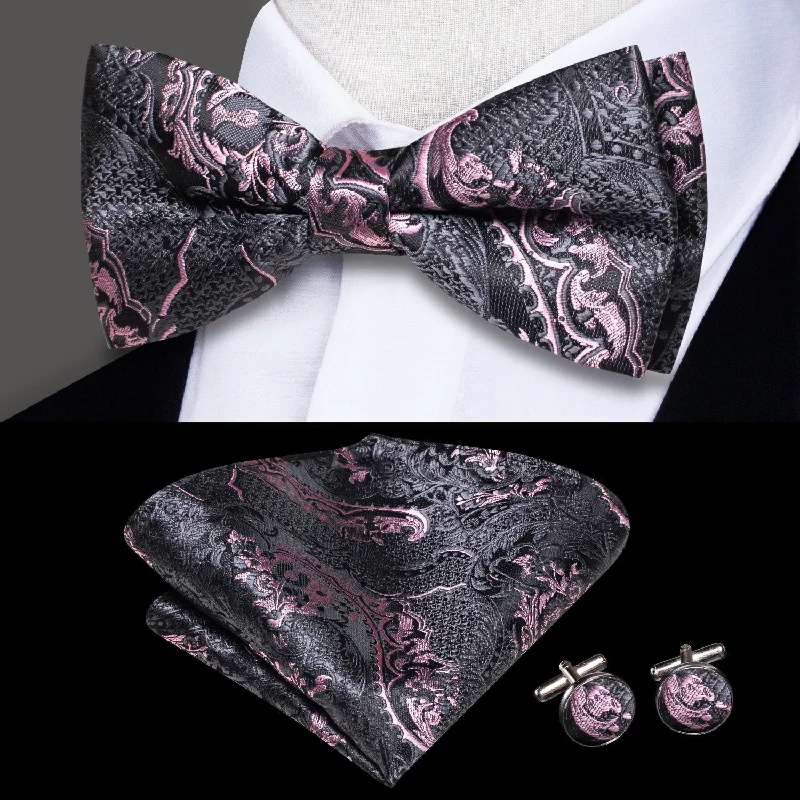 Stylish men's tie with colorful stripes for formal gatherings-Grey Pink Paisley Pre-tied Bow Tie Pocket Square Cufflinks Set