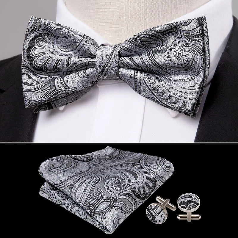 Elegant men's tie with textured finish for parties-Grey Silver Paisley Pre-tied Bow Tie Hanky Cufflinks Set