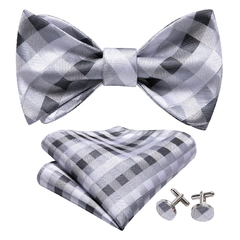 Stylish men's tie with intricate floral pattern-Grey White Plaid Self Tie Bow Tie Hanky Cufflinks Set