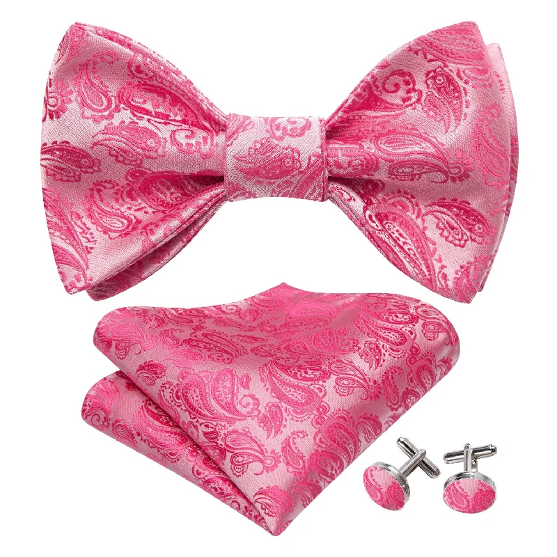 Men's tie with rich tones for high-end occasions-Hot Pink Paisley Silk Bow Tie Hanky Cufflinks Set