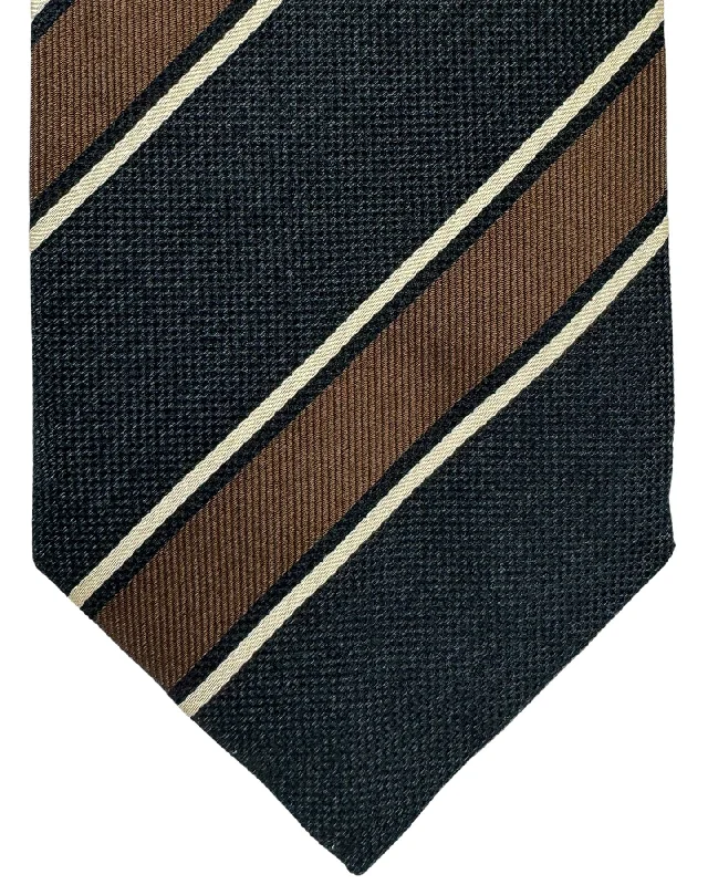 Elegant men's tie with floral motifs for corporate wear-Isaia Tie Brown Black Stripes Design - Sartorial Sevenfold Necktie