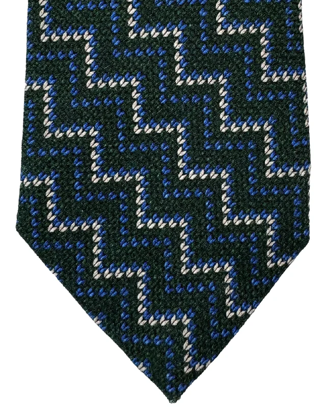 Men's tie for sophisticated corporate events-Isaia Tie Dark Green Royal Blue Zig Zag Design - Sevenfold Wool Silk Necktie