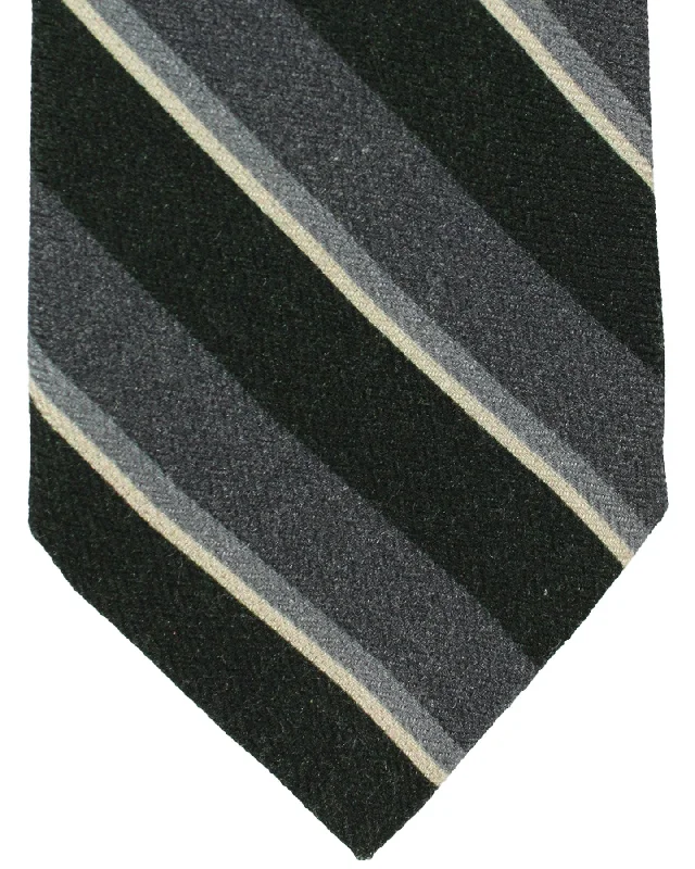 Men's tie with modern prints for professional attire-Isaia Tie Gray Dark Green Stripes Design - Sevenfold Wool Silk Necktie