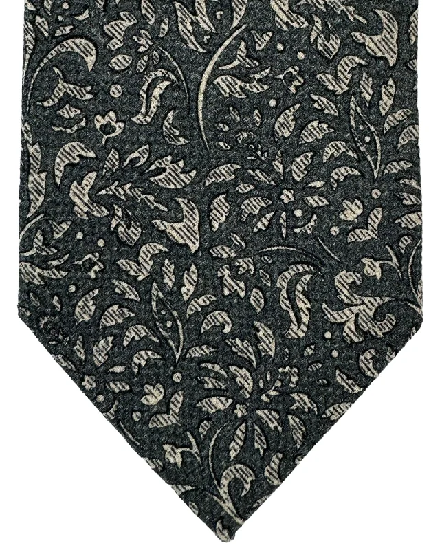 Men's tie with smooth silk texture for office wear-Isaia Tie Gray Floral Design - Wool Silk Necktie