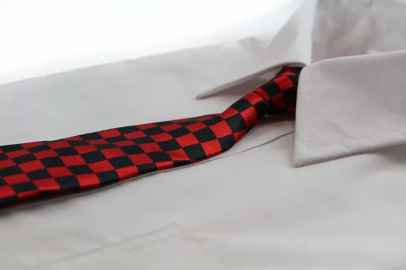 Men's tie with geometric texture for modern business meetings-Kids Boys Black & Red Patterned Elastic Neck Tie - Small Checkers