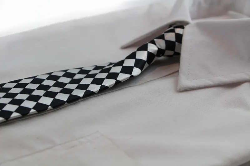 Classic men's tie with simple color patterns for office wear-Kids Boys Black & White Patterned Elastic Neck Tie - Small Checkers