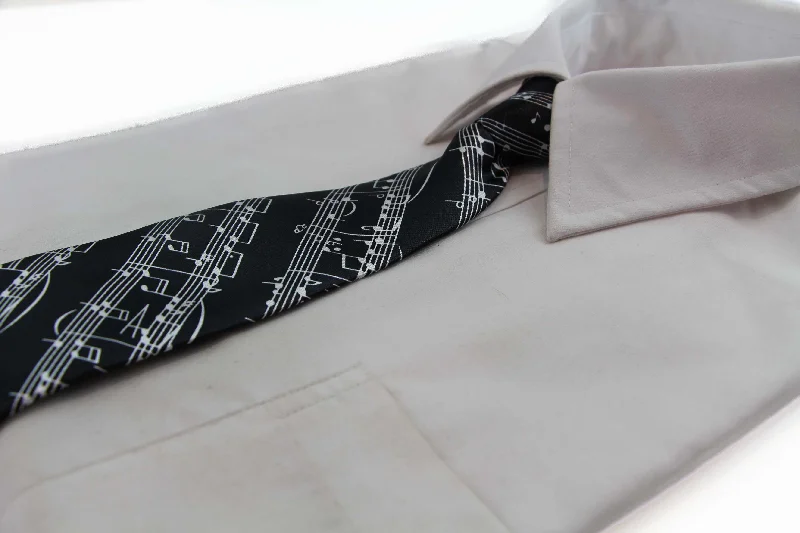 Men's tie for summer weddings with elegant print-Kids Boys Black & White Patterned Elastic Neck Tie - Music Notes