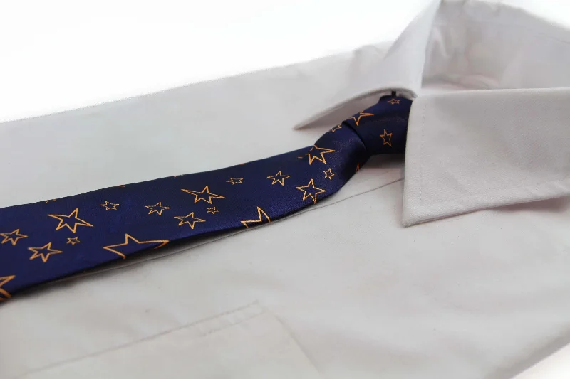 Men's tie for professional look with geometric designs-Kids Boys Navy & Orange Patterned Elastic Neck Tie - Star Outlines