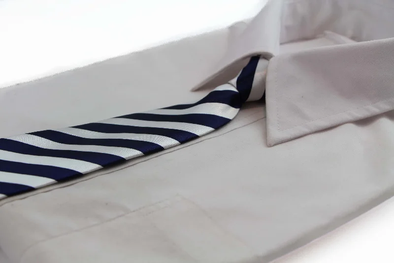 Best men's tie with fine craftsmanship for weddings-Kids Boys Navy & White Patterned Elastic Neck Tie - Diagonal Stripe