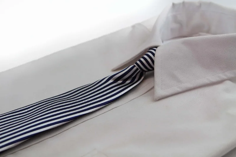 Classic men's tie for formal business attire-Kids Boys Navy & White Patterned Elastic Neck Tie - Vertical Thin Stripe