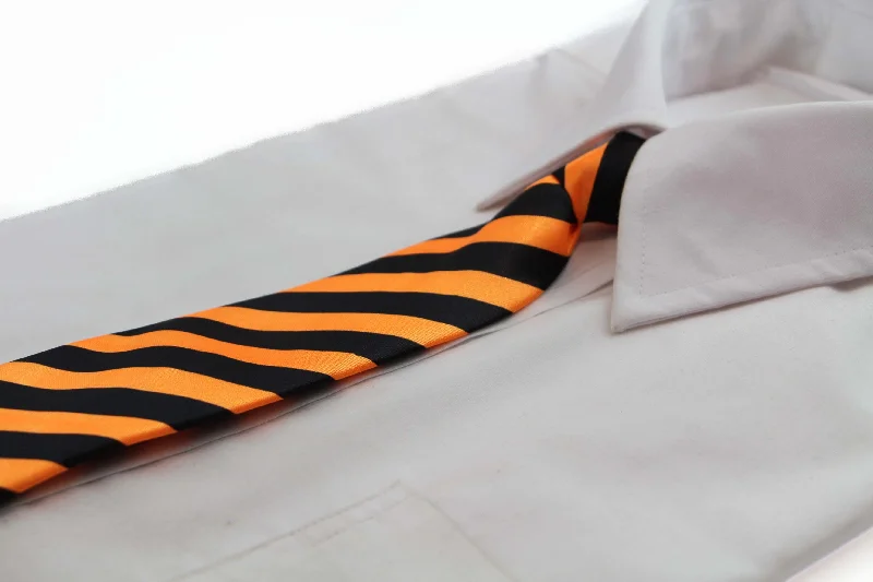 Best men's tie for a formal office dinner event-Kids Boys Orange & Black Patterned Elastic Neck Tie - Thick Orange Diagonal Stripe