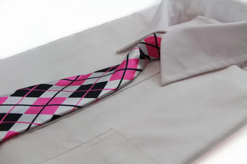 Classic men's tie for business events with sleek design-Kids Boys Pink, White & Black Patterned Elastic Neck Tie - Criss Cross Pink