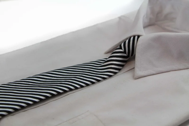 Stylish men's tie with unique color combinations-Kids Boys White & Black Patterned Elastic Neck Tie - Thin Diagonal Stripe