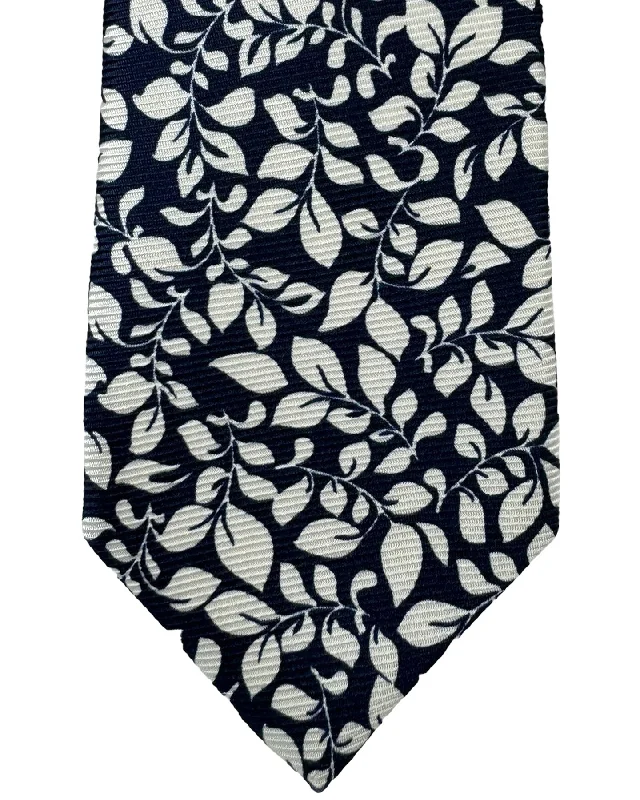 Classic men's tie with rich green tones for formal occasions-Kiton Tie Dark Blue White Leaves - Narrow Sevenfold Necktie