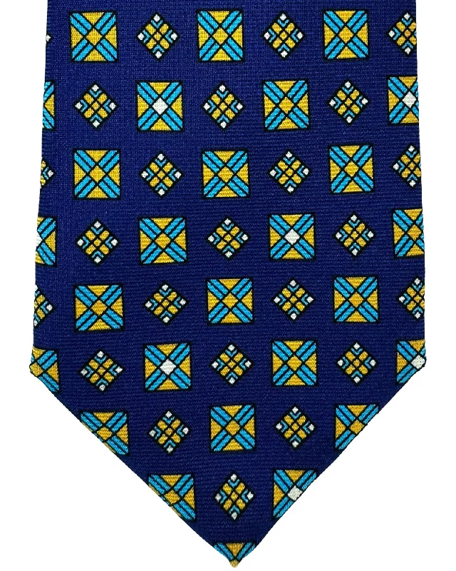 Men's tie with smooth silk texture for office wear-Kiton Tie Navy Aqua Olive Geometric - Sevenfold Necktie