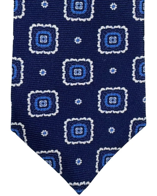 Classic men's tie with fine geometric design-Kiton Tie Navy Blue Medallion - Sartorial Sevenfold Necktie