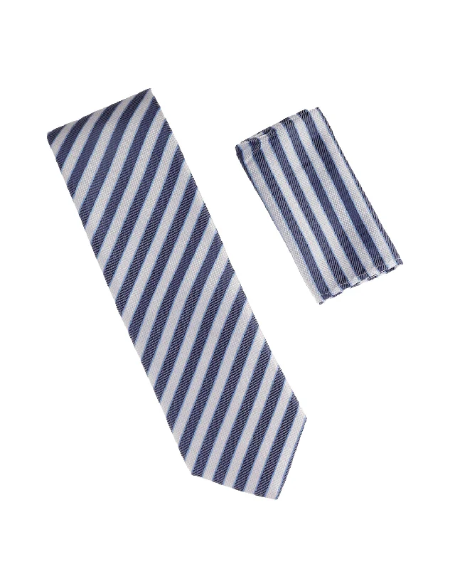 Best men's tie for a formal office dinner event-Light Blue, Baby Blue & White Stripped Silk Tie with Matching Pocket Square