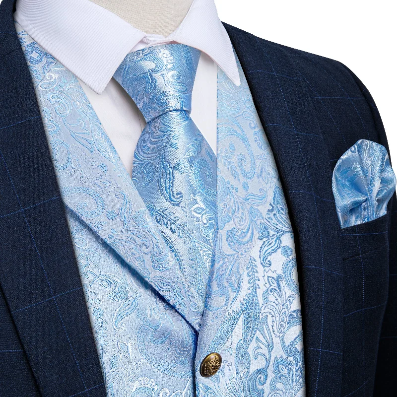 Stylish men's tie with bold polka dots for formal wear-Light Blue Floral Jacquard V Neck Waistcoat Vest Tie Handkerchief Cufflinks Set