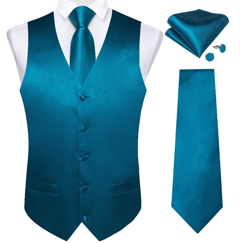 Designer silk tie for fashion-forward events-Light Blue Solid Satin Waistcoat Vest Tie Handkerchief Cufflinks Set