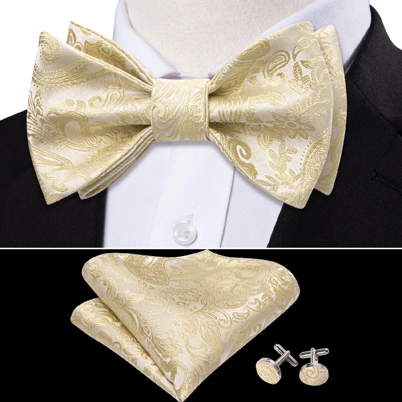 Elegant men's tie with fine texture for business wear-Linen Paisley Silk Bow Tie Hanky Cufflinks Set