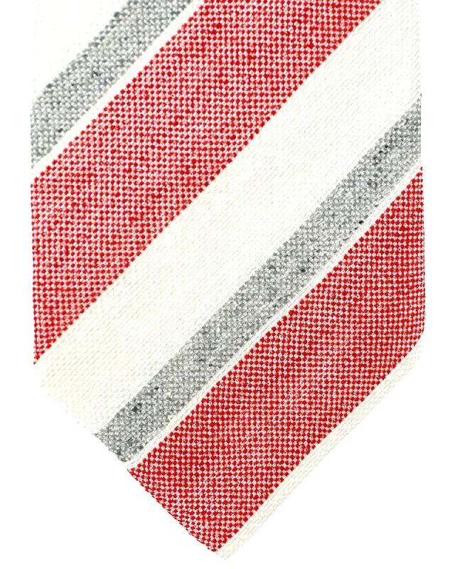 Classic men's tie with subtle color palette-Luigi Borrelli Linen Silk Tie White Red Gray Stripes - FINAL SALE